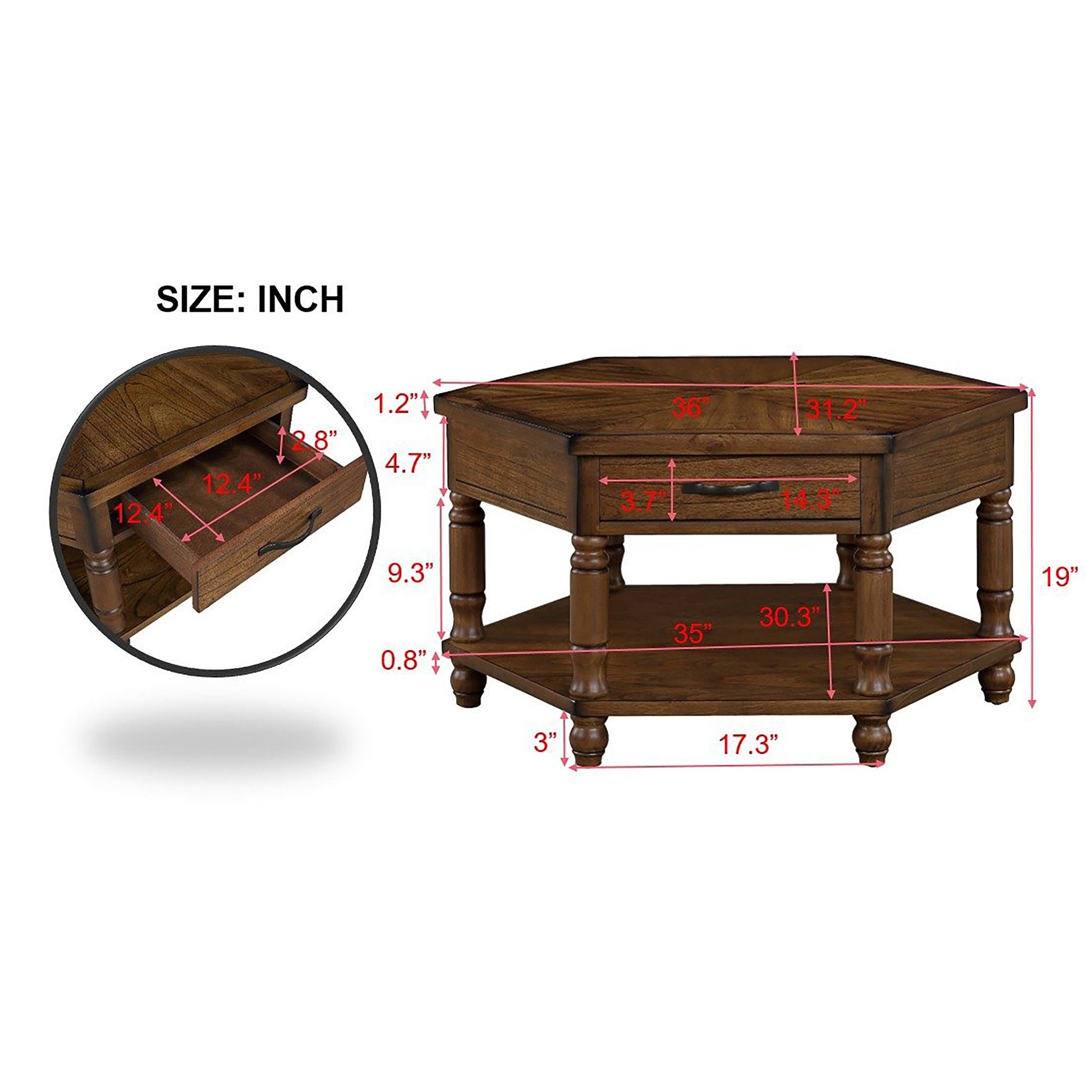 2 Tier Retro Hexagon Living Room Solid Wood Coffee Table With Shelf & Drawer, 36'' Mid Century Center Coffee Table For Living Room, Office. Cherry Cherry Pine