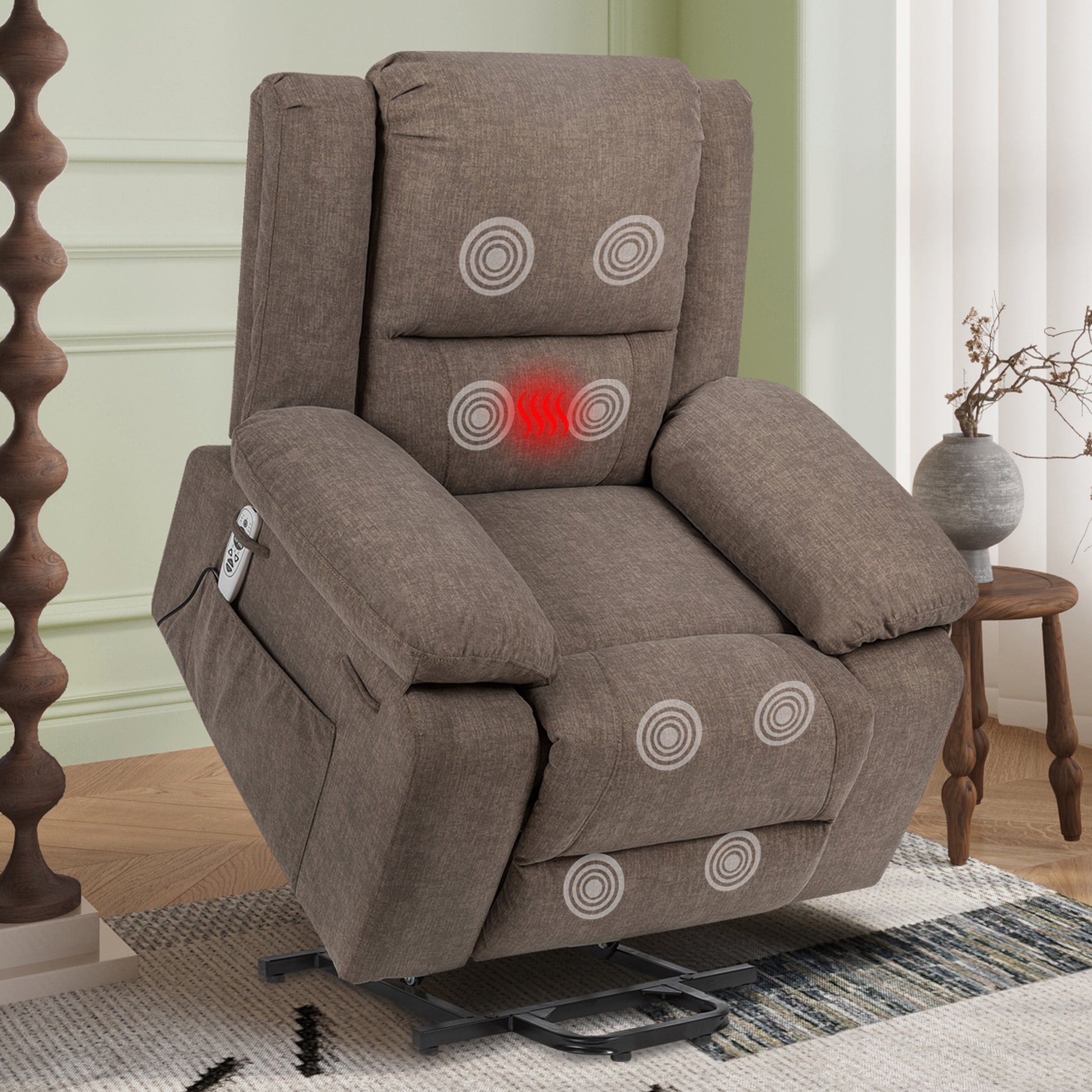 Electric Power Recliner Chair With Massage For Elderly ,Remote Control Multi Function Lifting, Timing, Cushion Heating Chair With Side Pocket Brown Brown Power Remote Metal Primary Living Space American Design Cat Scratch Fabric