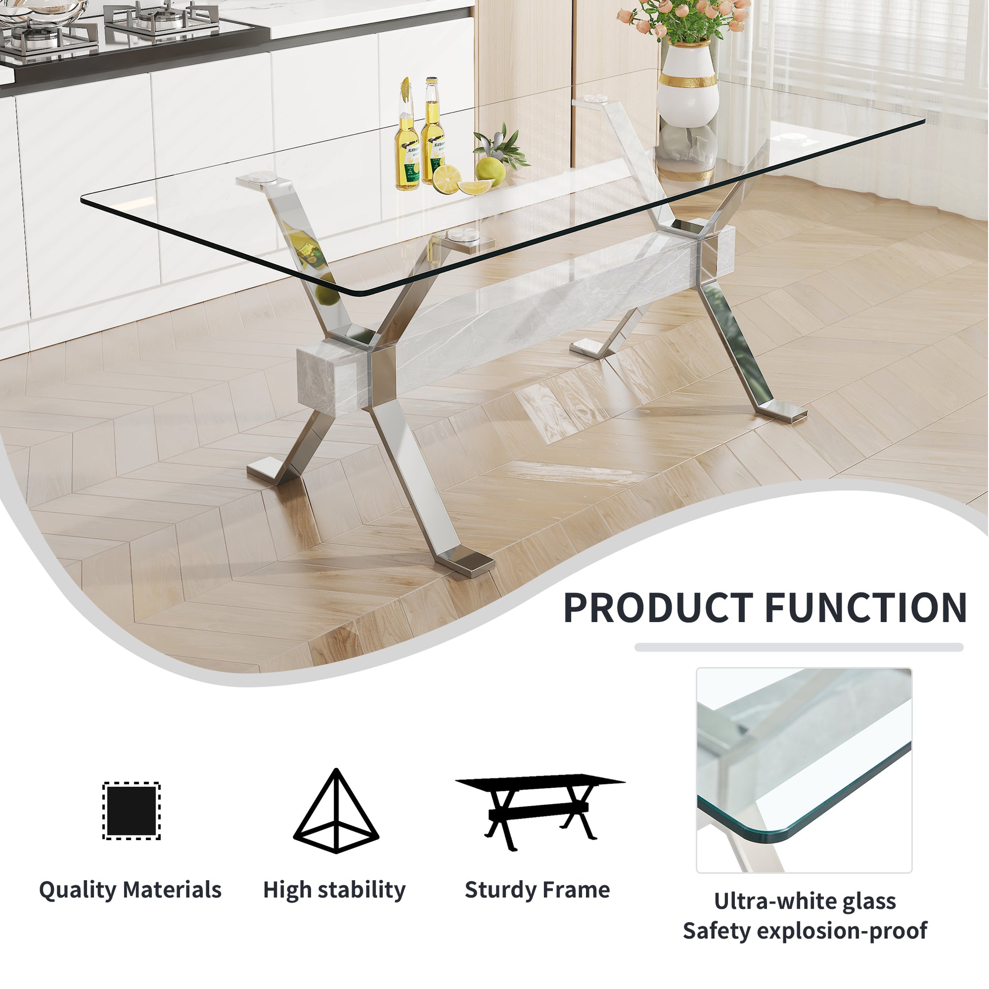 Dining Table. Modern Tempered Glass Dining Table. Large Modern Office Desk With Silver Plated Metal Legs And Mdf Crossbars, Suitable For Both Home And Office Use. Kitchen. 71 ''X35.4''X30 '' 1105 Transparent Glass