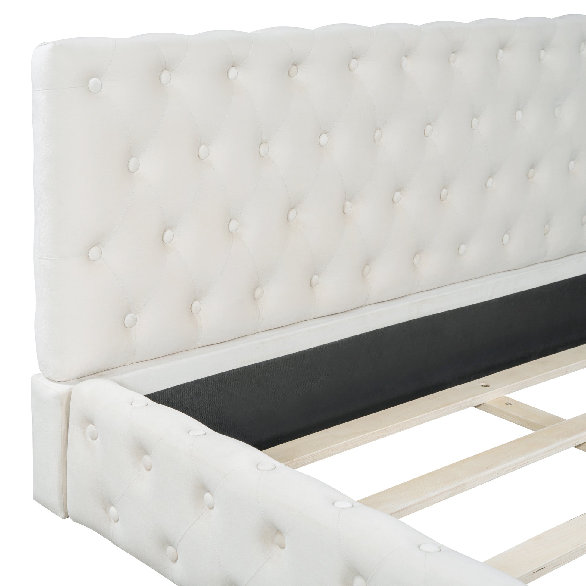 Queen Size Velvet Upholstered Platform Bed, With Luxurious Diamond Grid Headboard,Beige Queen Beige Plywood