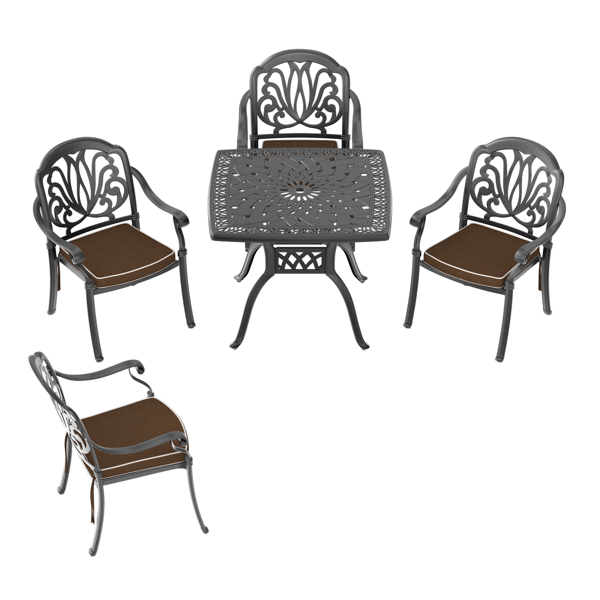 Cushions In Random Colors 5 Piece Set Of Cast Aluminum Patio Furniture With Cushions Yes Dining Set Black Seats 4 Rust Resistant Frame Water Resistant Cushion Garden & Outdoor Complete Patio Sets Aluminium