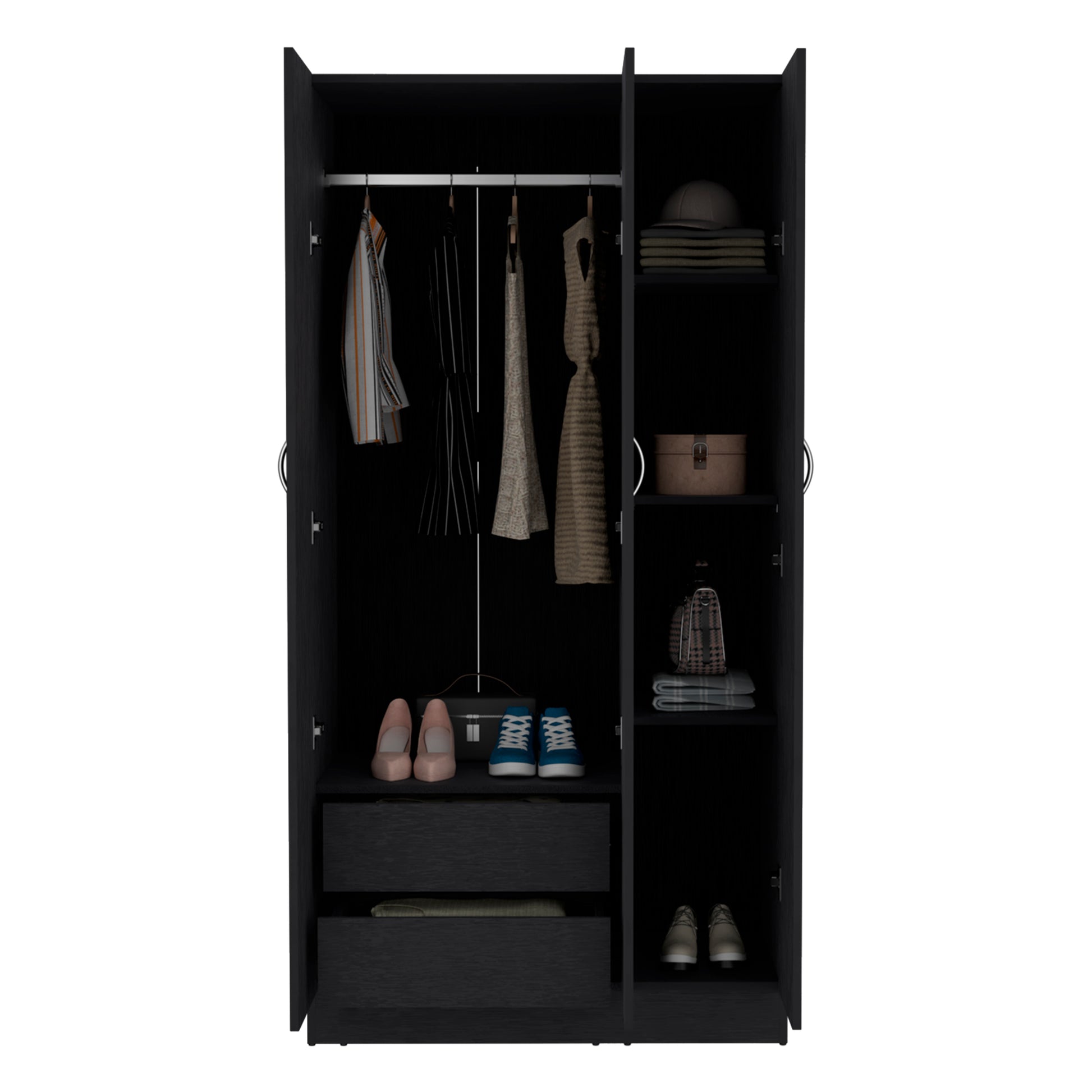 Ohio Armoire Wardrobe With 3 Doors, 2 Drawers, And 4 Tier Shelves Black Black Bedroom Particle Board