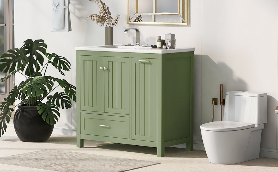 36" Bathroom Vanity With Sink, One Cabinet With Two Doors And One Big Drawer And One Flip Drawer, Solid Wood And Mdf Board, Green Green Solid Wood Mdf