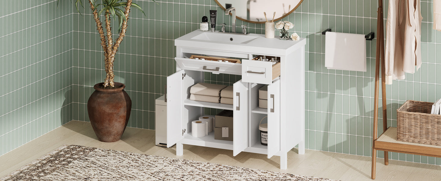 36" White Bathroom Vanity Cabinet With Resin Integrated Sink 2 Drawers, 3 Doors White Bathroom Solid Wood Mdf Resin