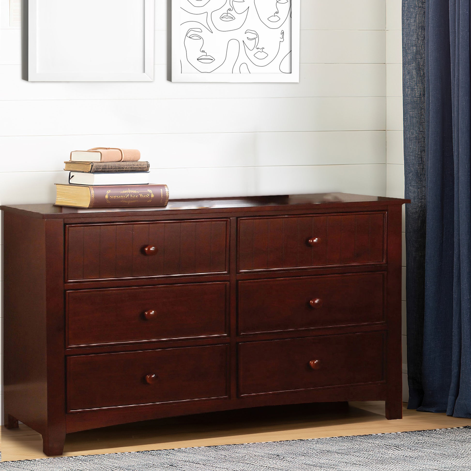 Wooden Dresser With 6 Drawers And Chamfered Legs, Cherry Brown Cherry Wood