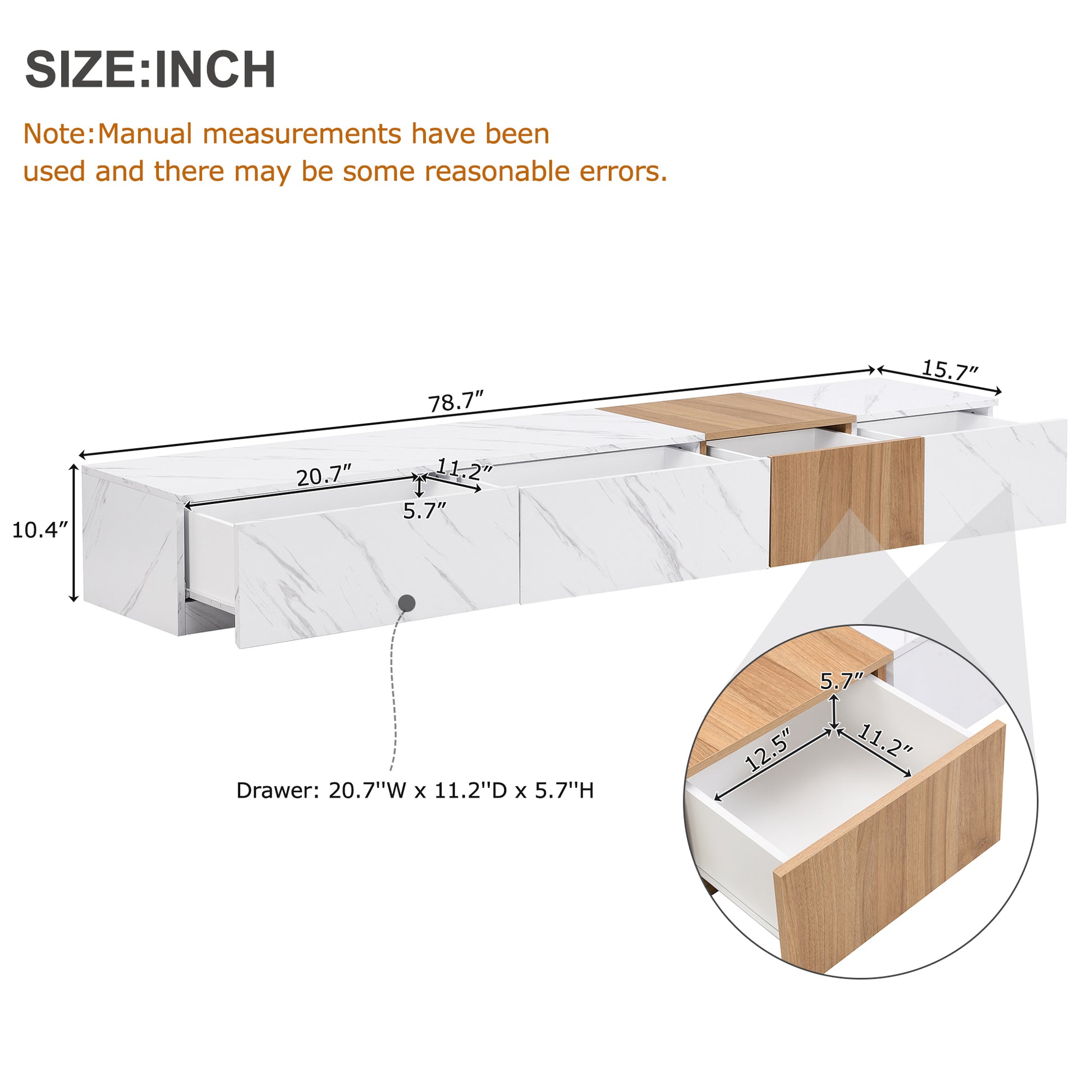 Tv Stand With Faux Marble And Walnut Wood Grain Finish For Tvs Up To 88'', Modern Free Combination Entertainment Center With 4 Storage Drawers For Living Room, White White 80 89 Inches Particle Board