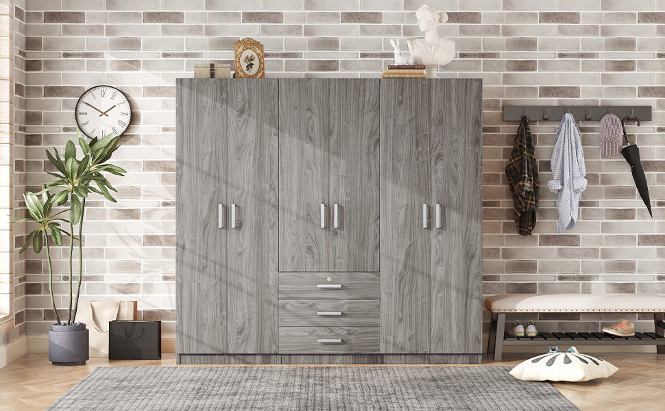 6 Doors Wooden Wardrobe Storage For Bedroom, With Big Drawers, Gray Gray Plywood