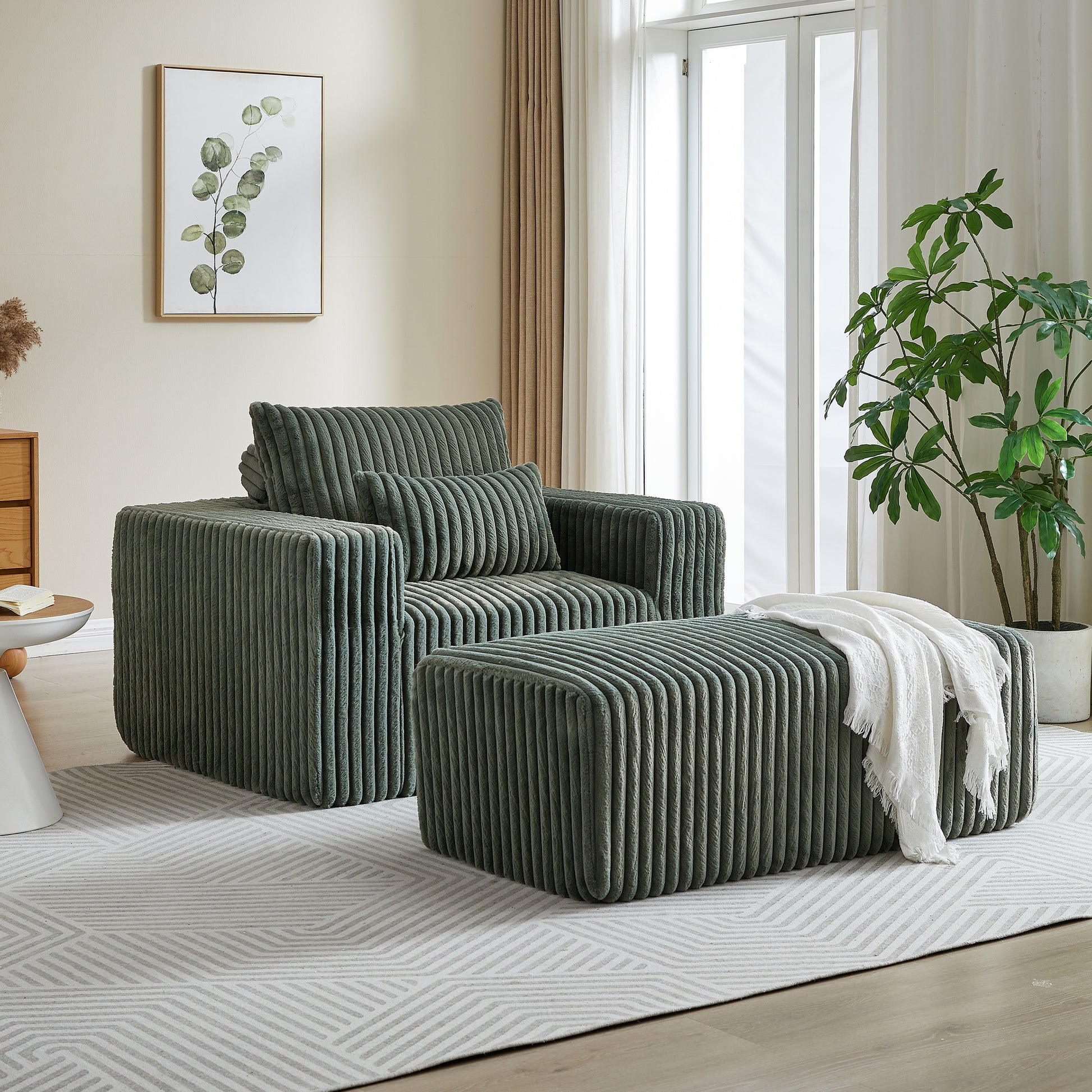 62.5 Inch Corduroy Sponge Sofa Lounge Chair With Removable Footrest,No Assembly Required,Fluffy Modern Sleeper Chair For Indoor Living Room Bedroom Army Green Foam Corduroy 1 Seat