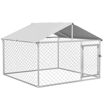 Pawhut Large Dog Kennel Outside, Heavy Duty Dog Cage With Waterproof Cover, Outdoor Fence Dog Run With Galvanized Chain Link, Secure Lock, 6.6' X 6.6' X 4.9' Silver Steel