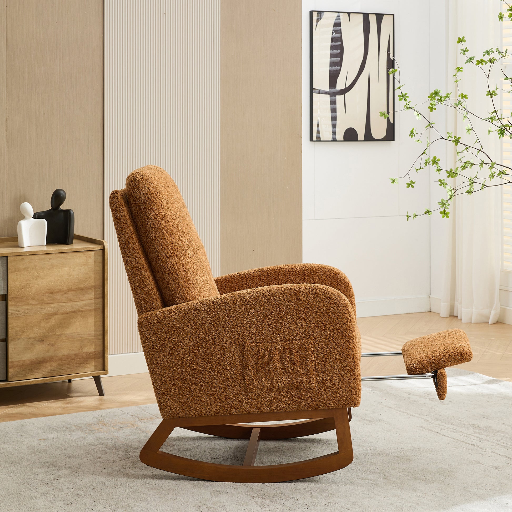 25.4"W Rocking Chair For Nursery, High Back Glider Chair With Retractable Footrest, Side Pocket, Rocking Accent Armchair With Rubber Wood Legs For Living Room Bedroom.Caramel Caramel Boucle