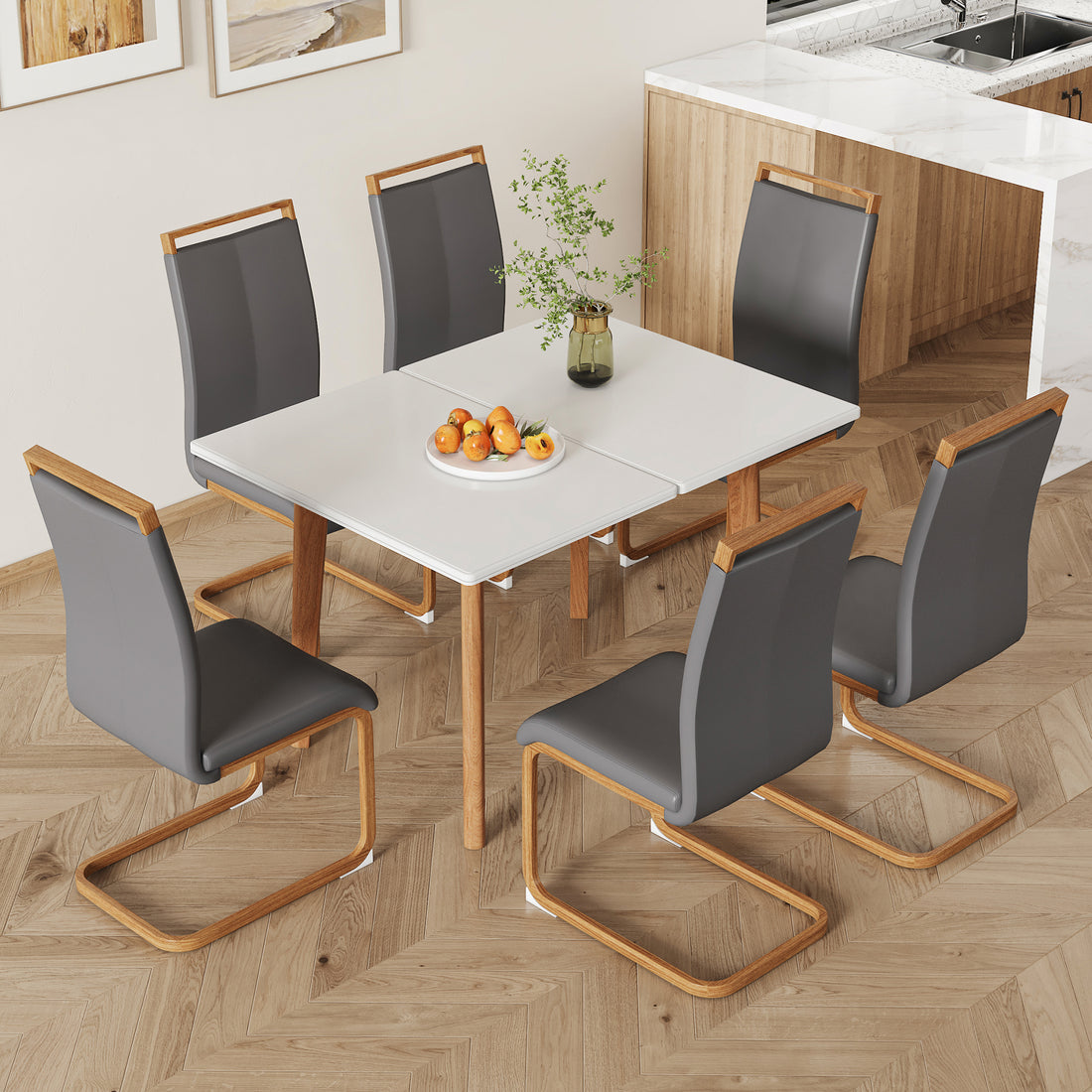 Table And Chair Set. White Sintered Stone Table Top With Rubberwood Legs, Foldable Computer Desk, Foldable Desk, 6 Modern Pu Leather High Cushion Side Chairs With Wood Grain Metal Legs. White Seats 6 Sintered Stone