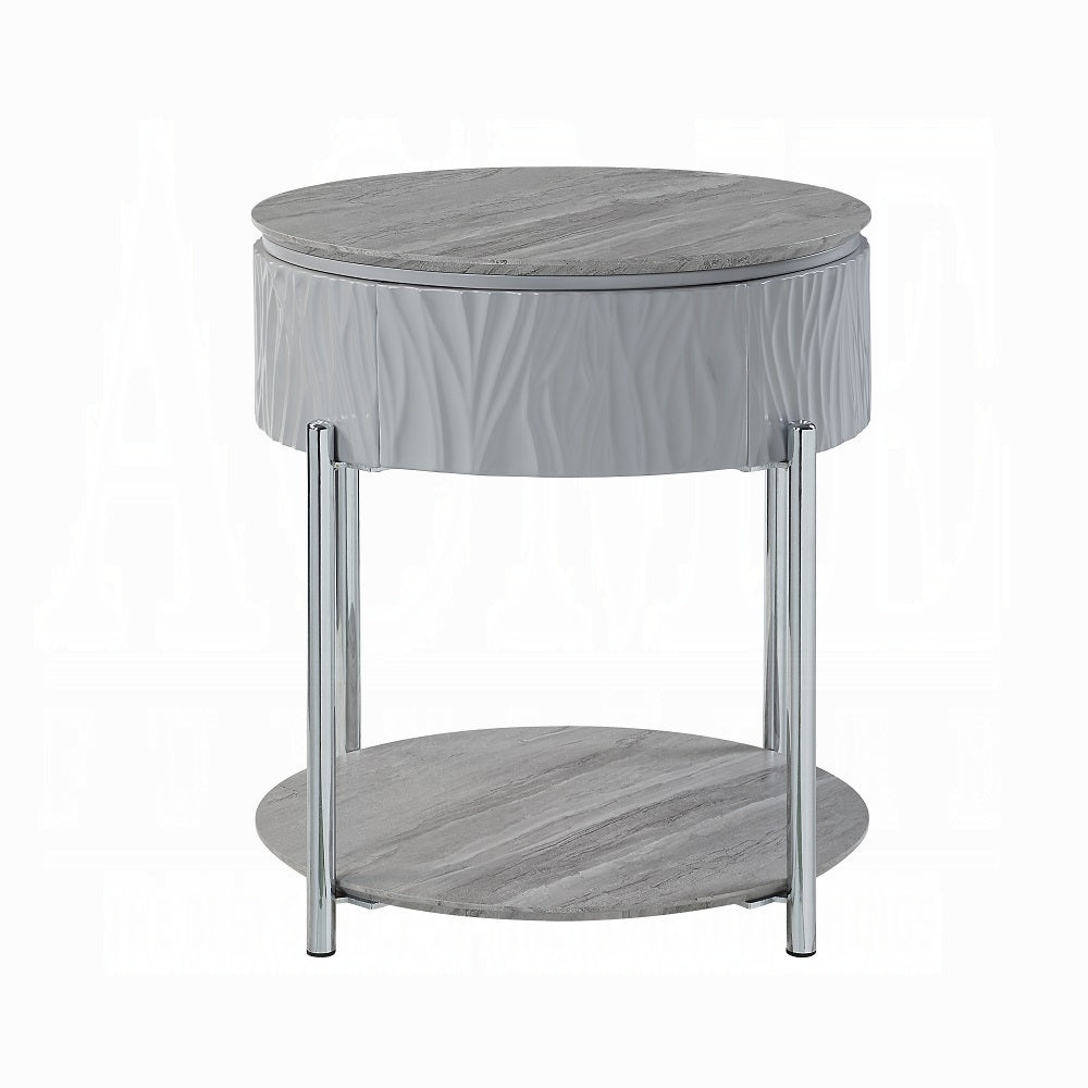 Grey High Gloss And Chrome End Table With Drawer Grey Silver Primary Living Space Shelves Round Wood Metal