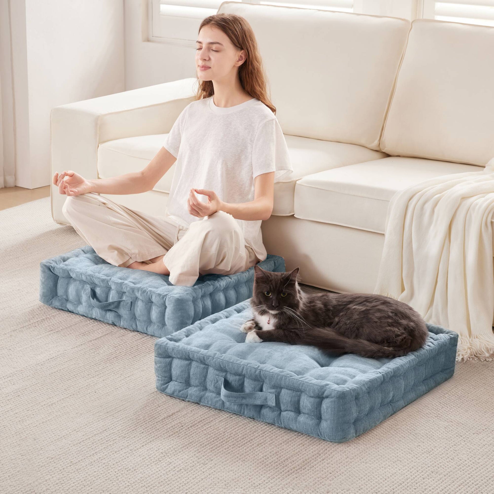 Poly Chenille Square Floor Pillow Cushion 24X24" Aqua Blue Polyester