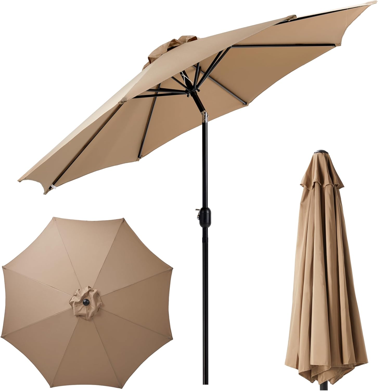 9Ft Outdoor Patio Umbrella With 8 Ribs, Table Umbrellas With Push Button Tilt Crank, Uv Protection Waterproof For Garden Deck Backyard Pool, Khaki Khaki Stainless Steel