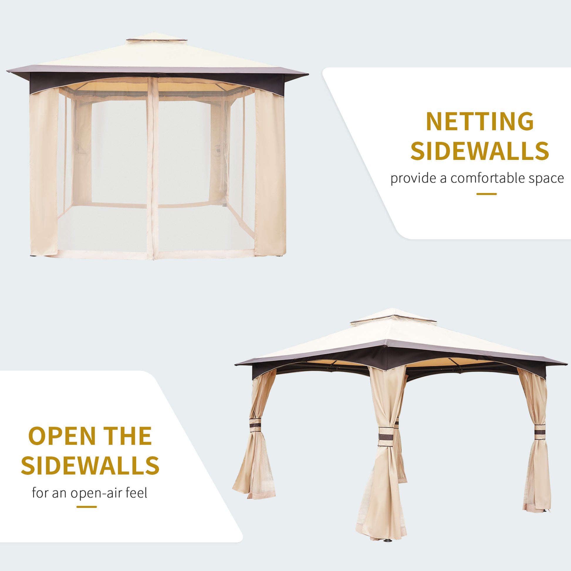 Outsunny 10' X 12' Outdoor Gazebo With Netting And Curtains, Patio Gazebo Canopy With 2 Tier Soft Top Roof And Steel Frame For Lawn, Garden, Backyard And Deck Beige Brown Steel