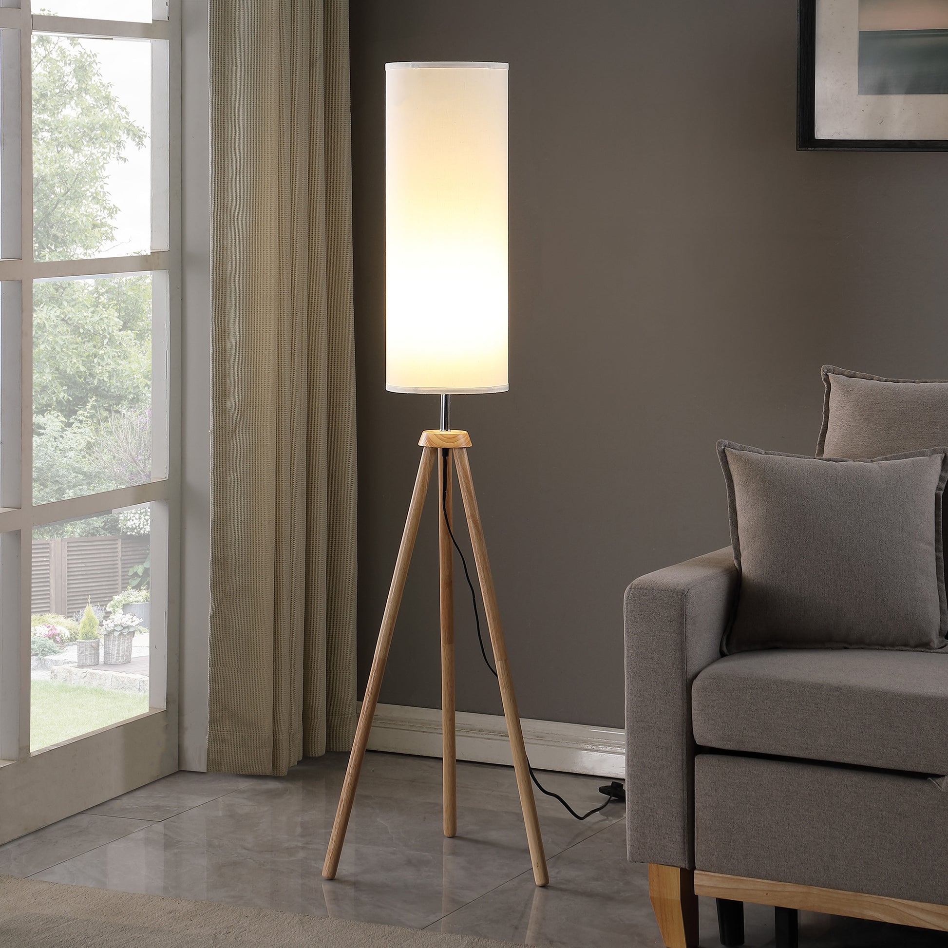 58.5" In Lauren Modern Natural Tripod Floor Lamp Natural Wood