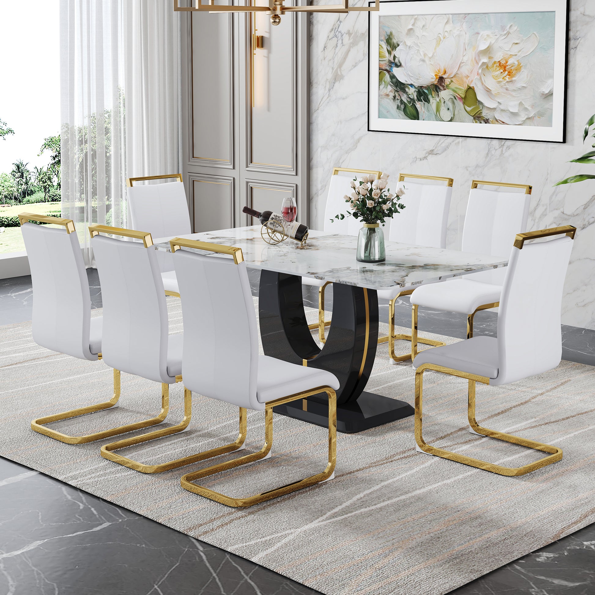 Table And Chair Set, Modern Dining Table, Patterned Table Top And Black Mdf Tablel Eg, Soft And Comfortable Dining Chair, Perfect For Dinner, Meetings, Home And Office Decor White Black Mdf Glass