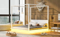 King Size Wood Led Canopy Bed ,Canopy Platform Bed With Support Slats, No Box Spring Needed, Whitekig King White Plywood