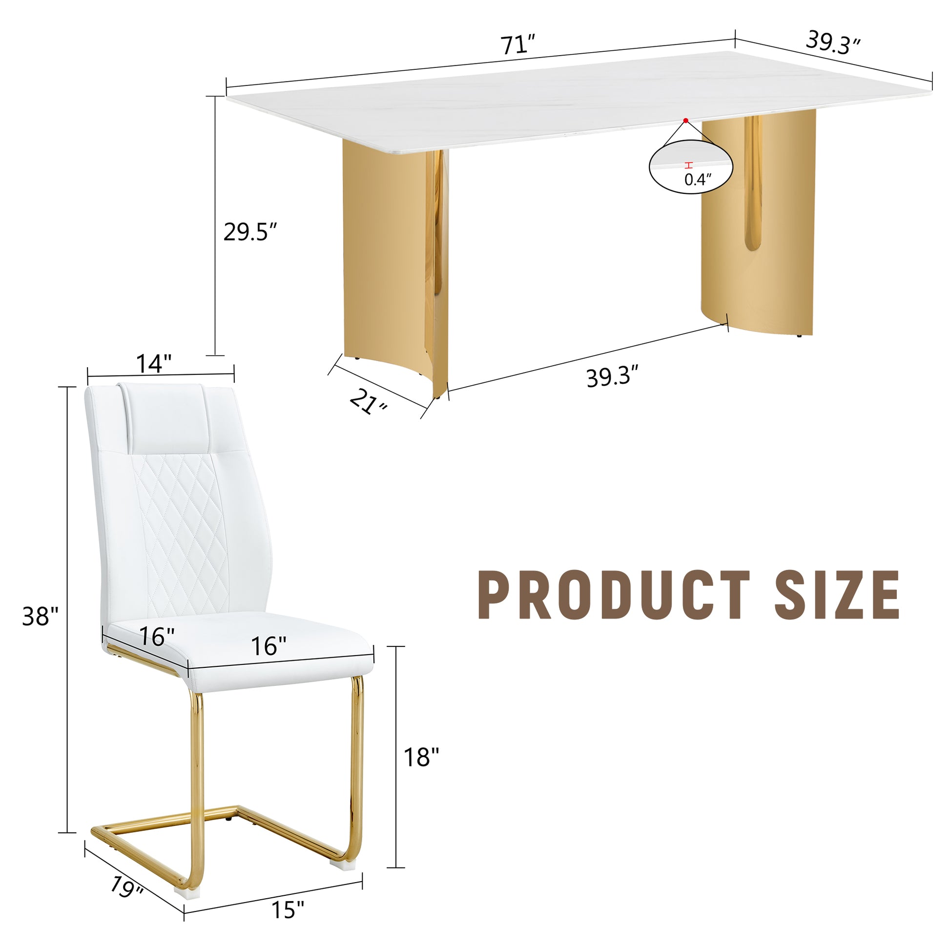 Table And Chair Set.The Table Has A Glass Tabletop With Imitation Marble Pattern Stickers And Stainless Steel Golden Table Legs. Paried With Comfortable Chairs With Pu Seats And Metal Legs. White Gold Seats 8 Glass Metal
