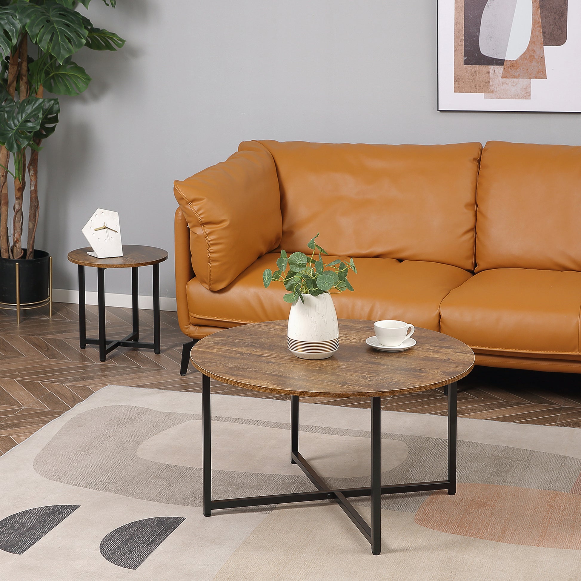 Homcom Round Coffee Table Set Of 2, Industrial Living Room Tables With Metal Frame, Circle Coffee Tables For Living Room, Rustic Brown Rustic Brown Mdf