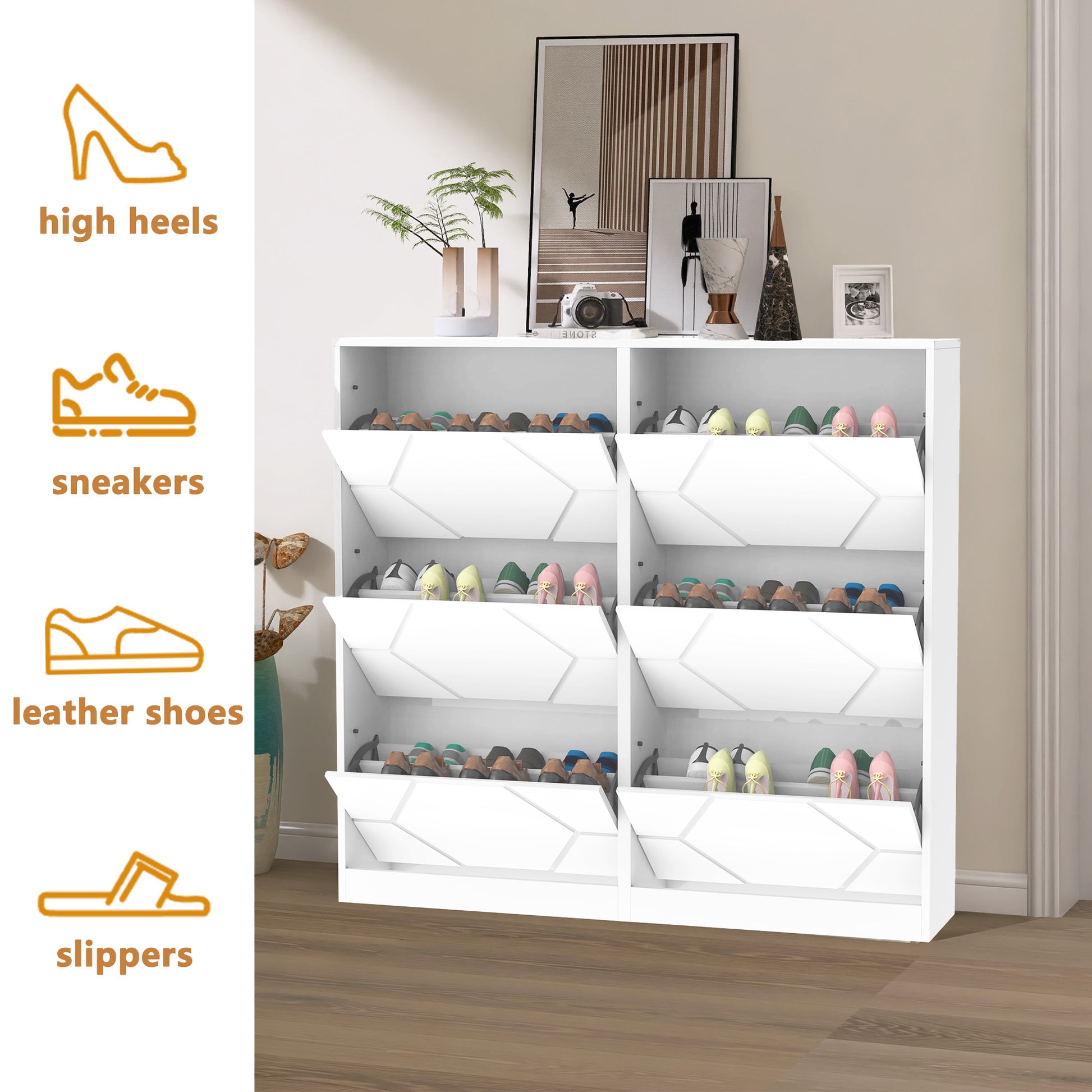 Shoe Storage Cabinet For Entryway, 6 Tiers Shoe Organizer With Carved Panels, Carving Shoe Closet,Vertical Shoe Cabinet For Front Door Entrance,Outdoor,Symmetric Design White Finish 5 Or More Drawers White White Modern Mdf