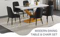 Table And Chair Set.The Table Is Equipped With A Marble Patterned Mdf Tabletop And Gold Table Legs.Paired With 6 Black Chairs With Pu Cushions And Black Metal Legs. Black Gold Seats 6 Mdf Metal