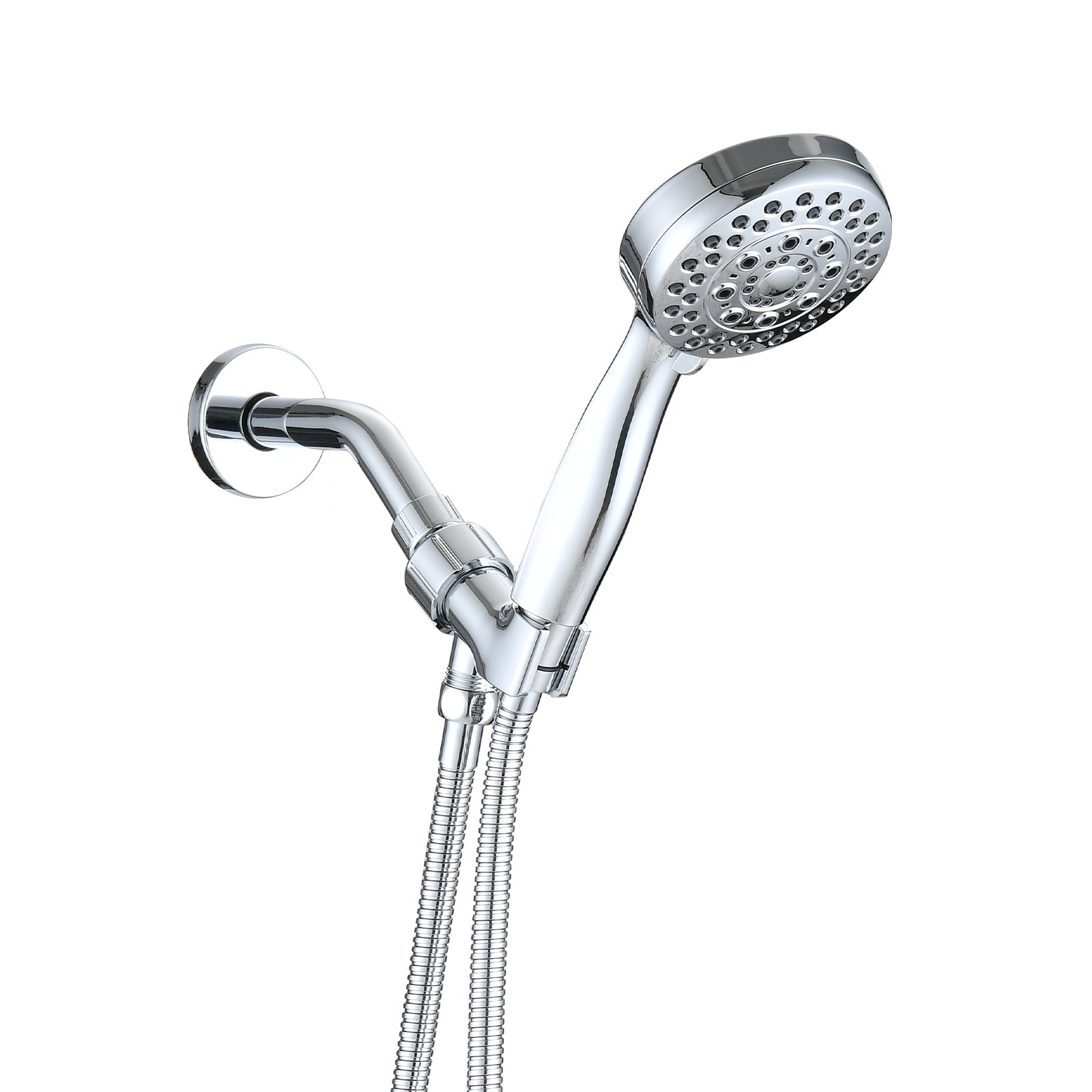 Polished Chrome Wall Mounted Handheld Shower Head With 5 Adjustable Settings And Hose Chrome Stainless Steel