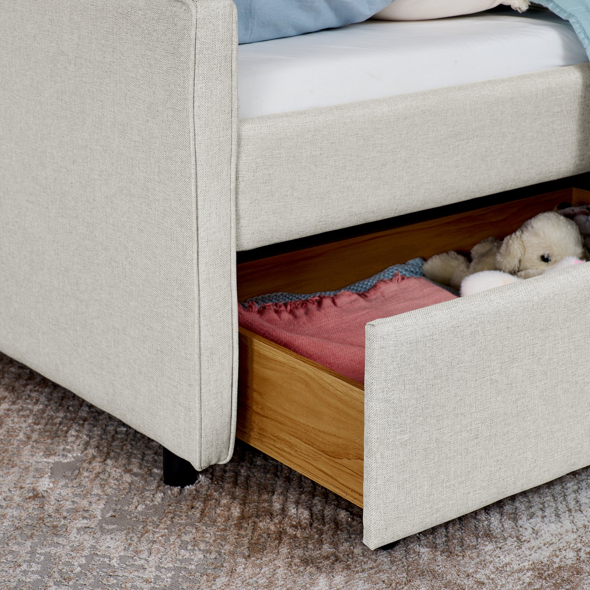 Twin Size Upholstery Sofa Bed With Three Led Lights, With Storage Adjustable Headboard, With Two Storage Pull Up Drawers And Wireless Charging, Linen Padded Sofa Bed Frame, Beige Box Spring Not Required Twin Beige Composite Bedroom Classic Eucalyptus