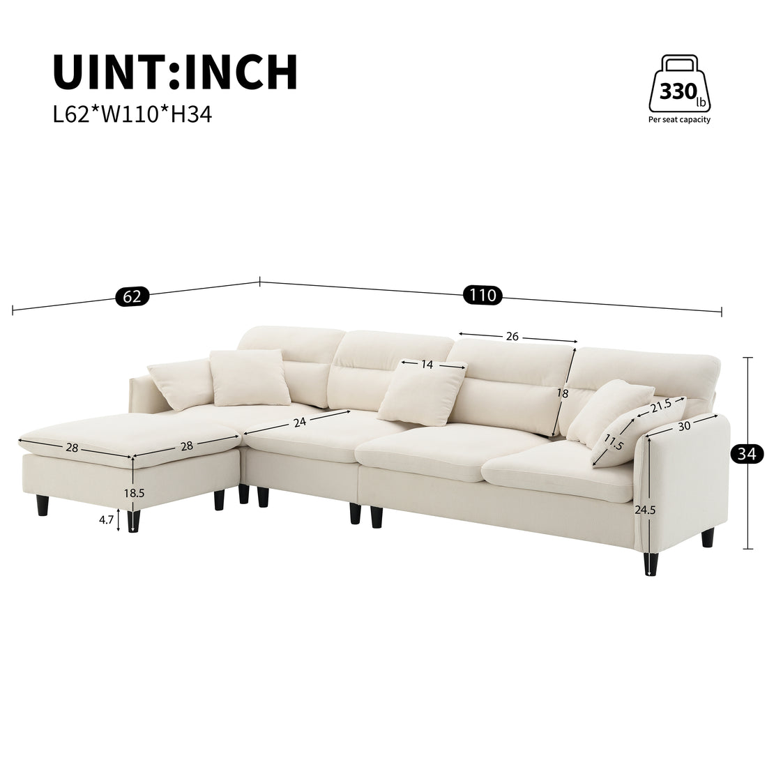 110*62" Modern Convertible Sectional Sofa,L Shaped Reversible Couch Set With Free Pillows,5 Seat Cloud Chenille Indoor Furniture With Ottoman For Living Room,Apartment,3 Colors Beige Chenille 5 Seat