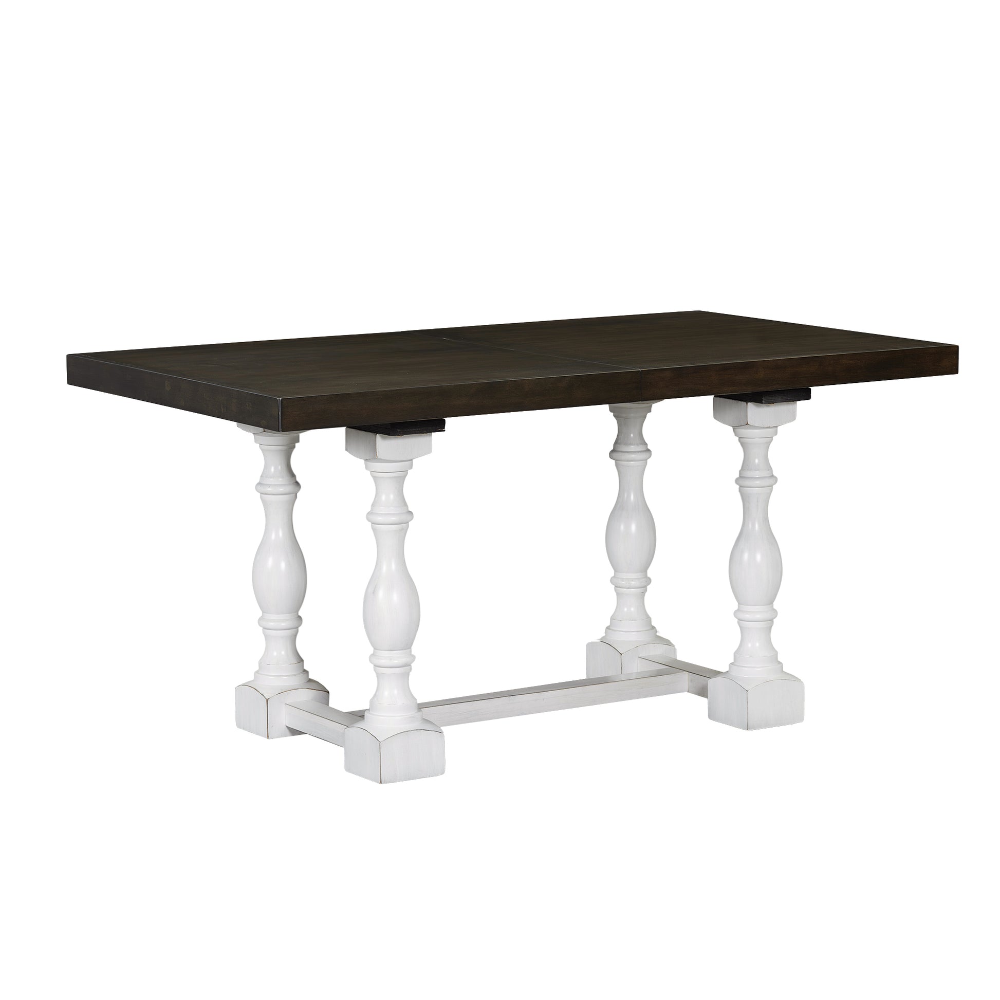 Traditional 6 Piece 78Inch Trestle Extendable Dining Table Set With One 18Inch Removable Leaf, Padded Dining Chairs And Bench,Distressed White Brown Wood Dining Room Solid Wood Rubberwood Rectangular Dining Table With Chair And Bench Upholstered Chair