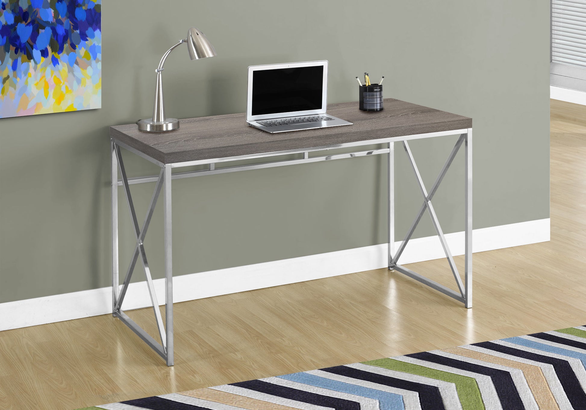 Computer Desk, Home Office, Laptop, Work, Brown Laminate, Chrome Metal, Contemporary, Modern Taupe Particle Board