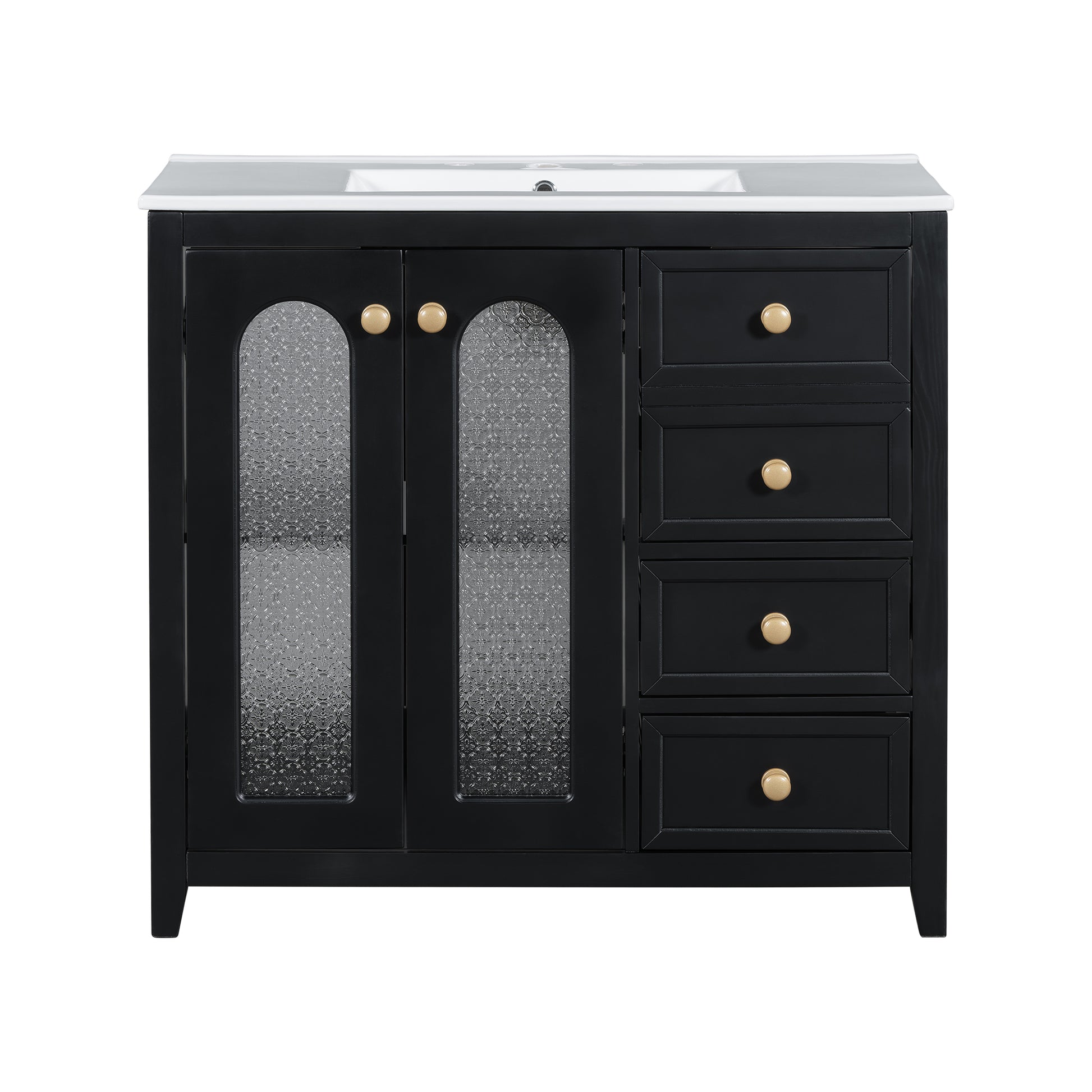 36 Inch Bathroom Vanity With Two Soft Close Doors, Adjustable Shelves And Three Soft Close Drawers Black Bathroom Solid Wood Mdf