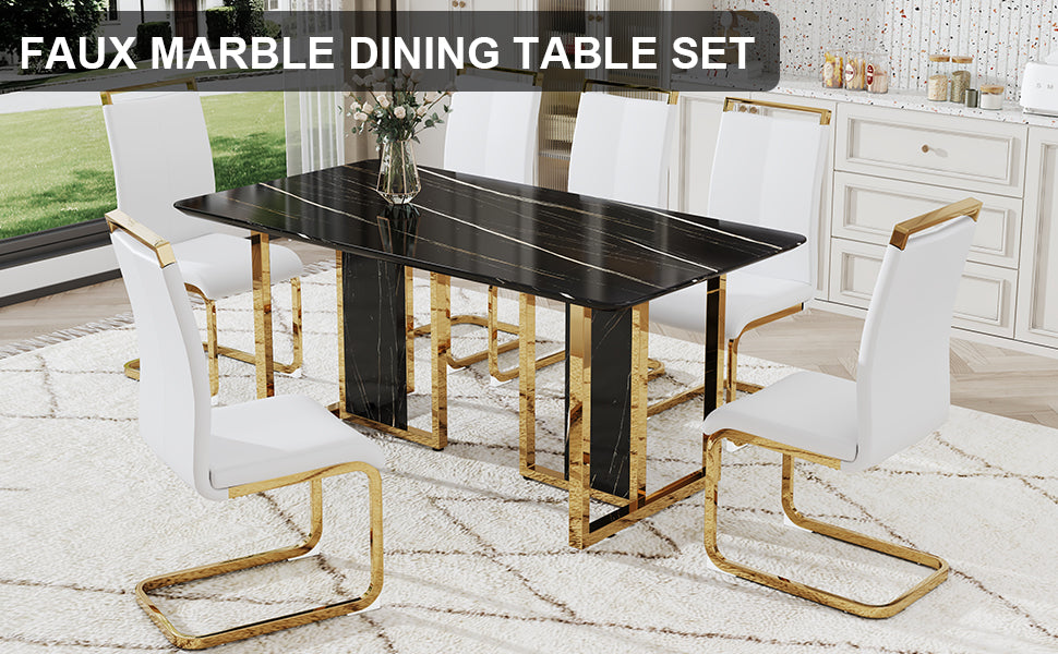 Table And Chair Set. Modern Dining Table With Mdf Top And Beautiful Mdf Legs. Equipped With Comfortable Pu Chairs And Metal Legs. Suitable For A Wide Range Of Decorative Styles. Black,White Seats 6 Mdf