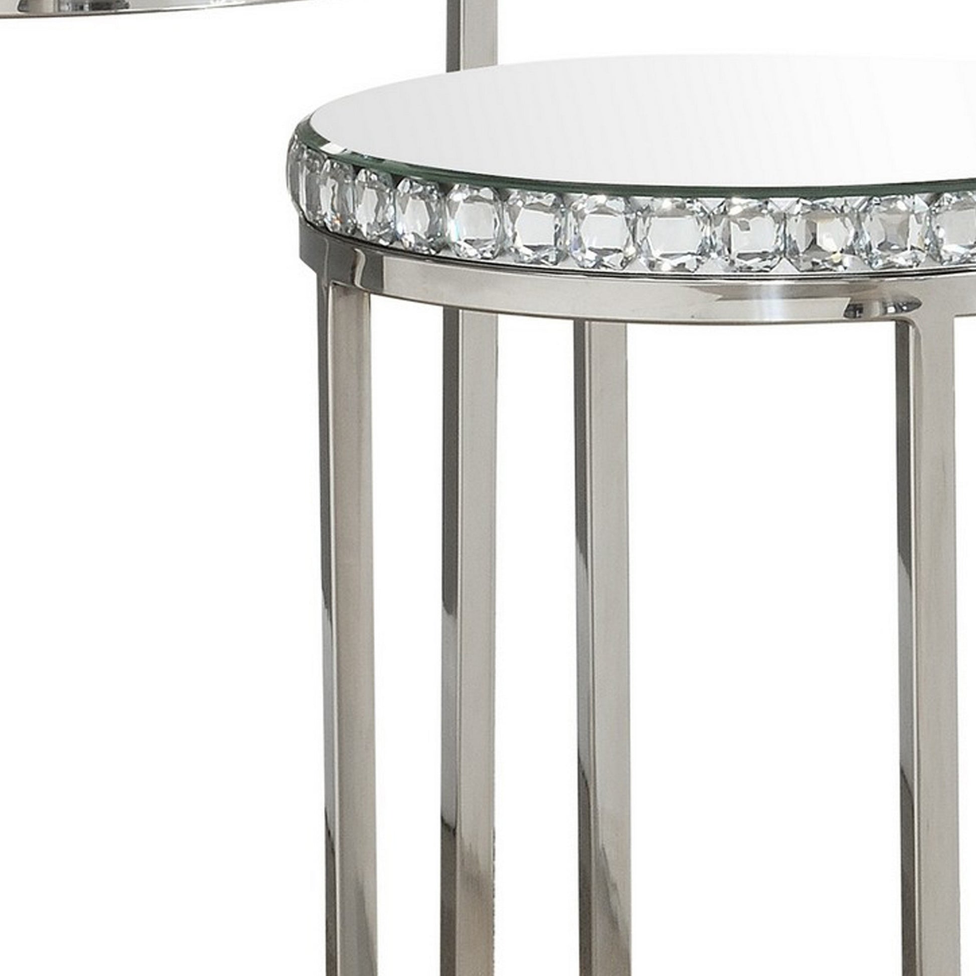 24 Inch Nesting Accent Tables, Mirrored Gemstone Trim, Set Of 2, Silver Silver Glass Metal