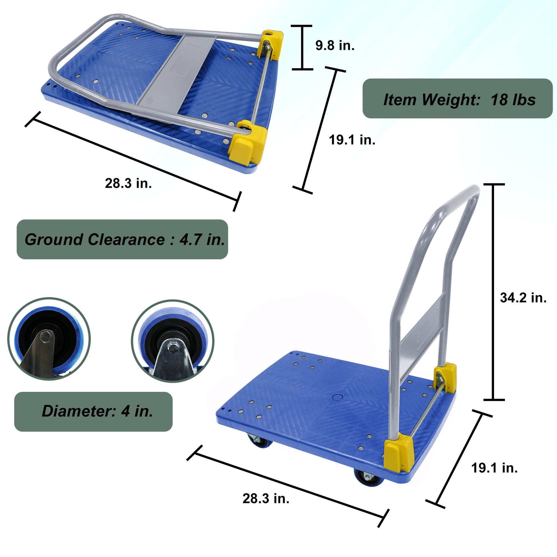 Foldable Platform Push Hand Truck Cart, 440 Lbs. Weight Capacity Blue Metal