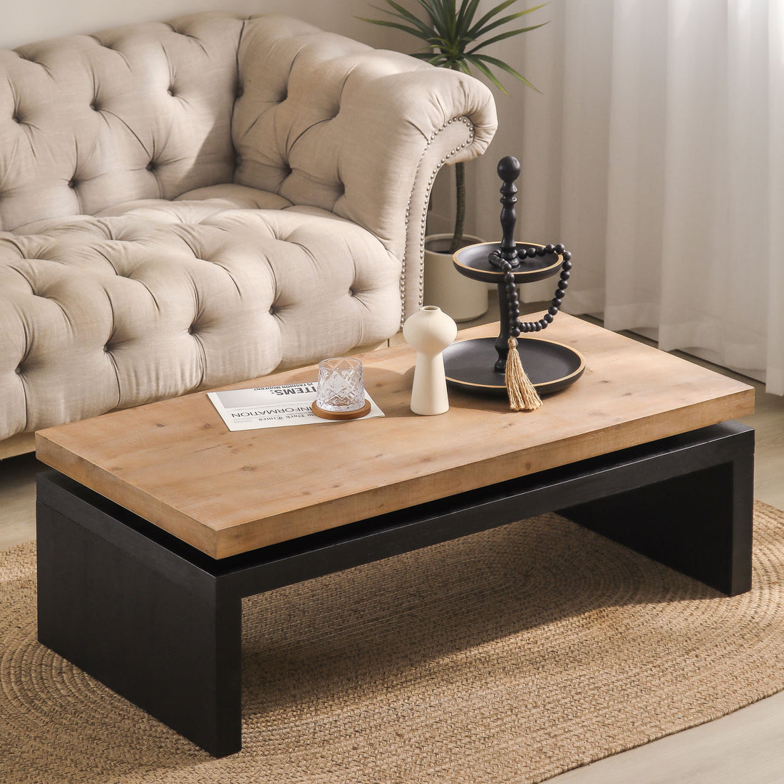 Black And Natural Wood Living Room Table Versatile Coffee Table 2 Tiered Wood Tabletop Table 47.6" L * 23.6" W * 16.3" H Black Natural,Multi,Natural Multi,Natural Wood,Natural Wood Wash Distressed Finish Desk Top Bedroom Antique,Modern,Rustic Fir