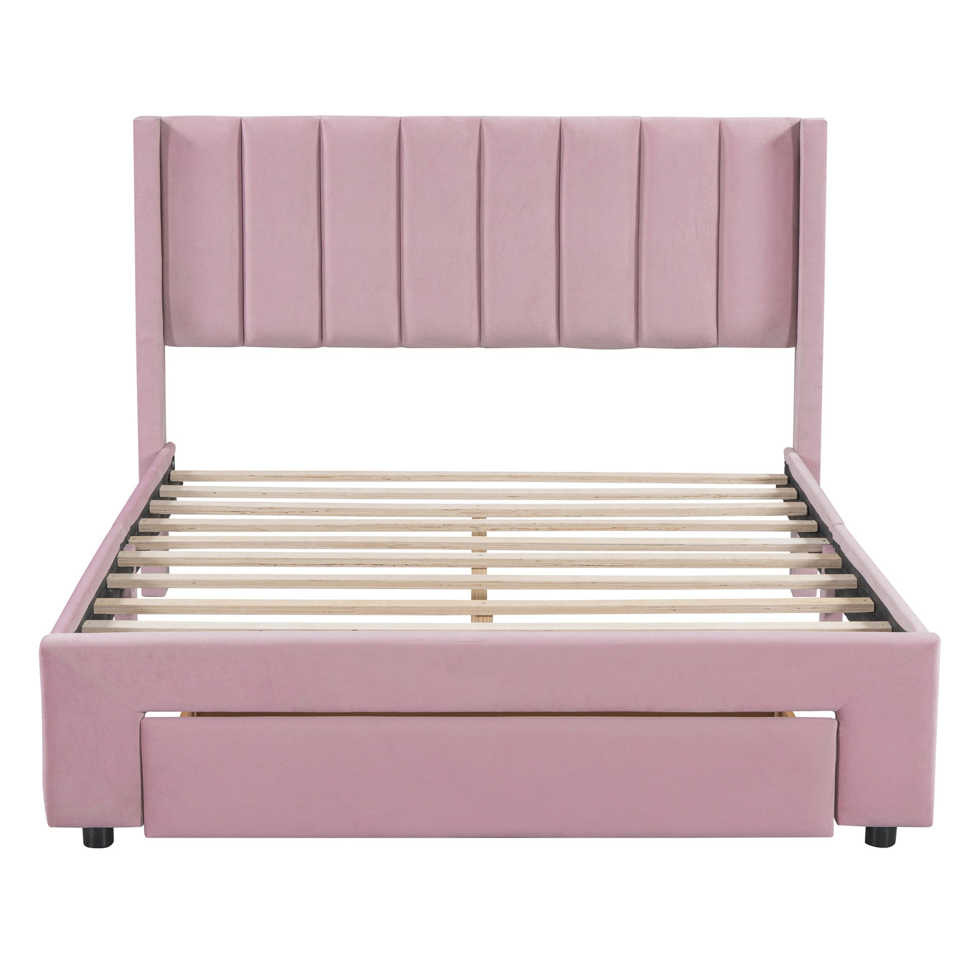 Full Size Storage Bed Velvet Upholstered Platform Bed With A Big Drawer Pink Old Sku:Wf296850Aah Full Pink Velvet