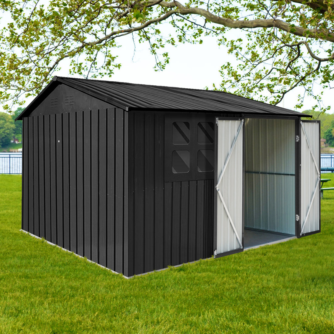 Metal Garden Sheds 6Ftx8Ft Outdoor Black With Window Black Metal