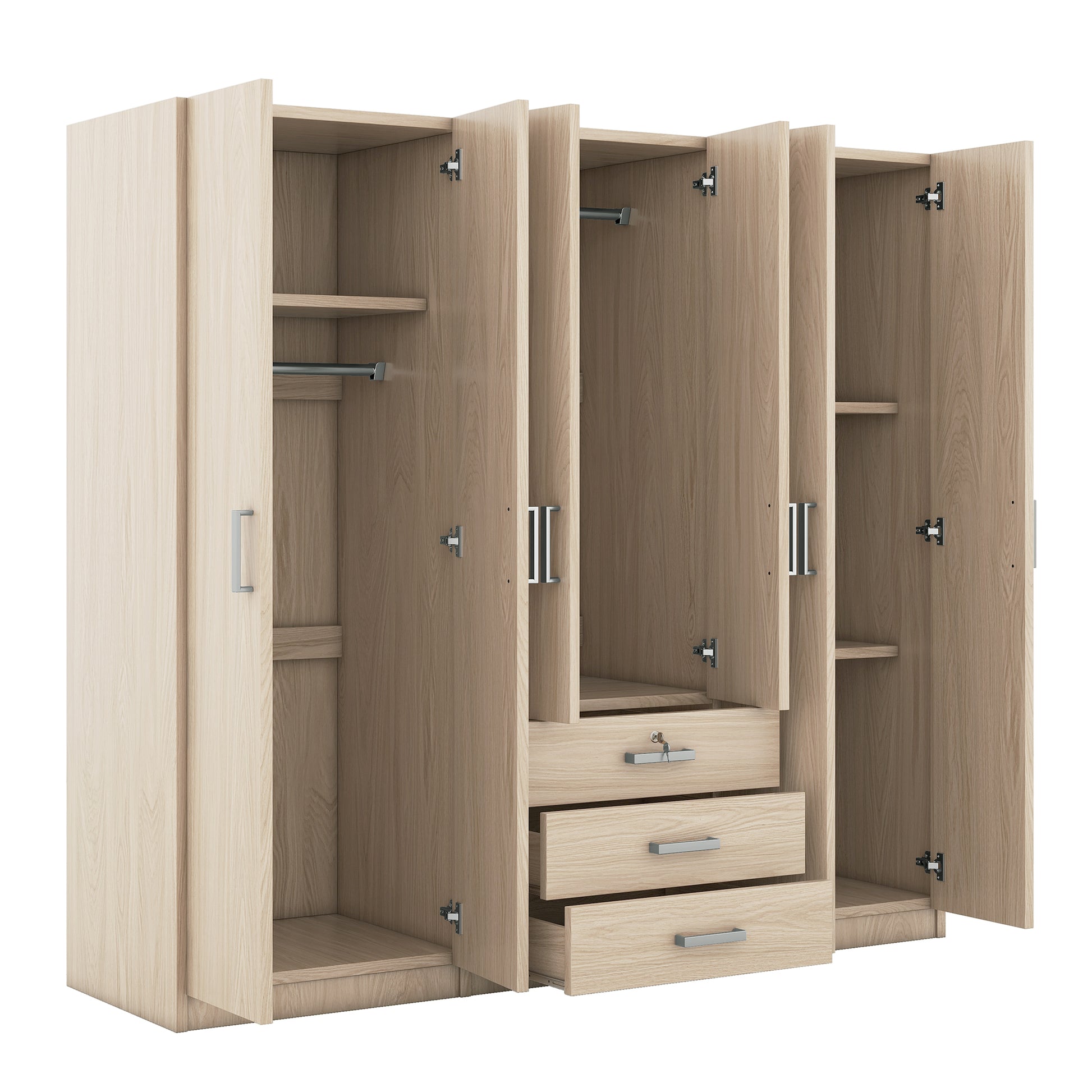 6 Doors Wooden Wardrobe Storage For Bedroom, With Big Drawers, Gray Brown Plywood