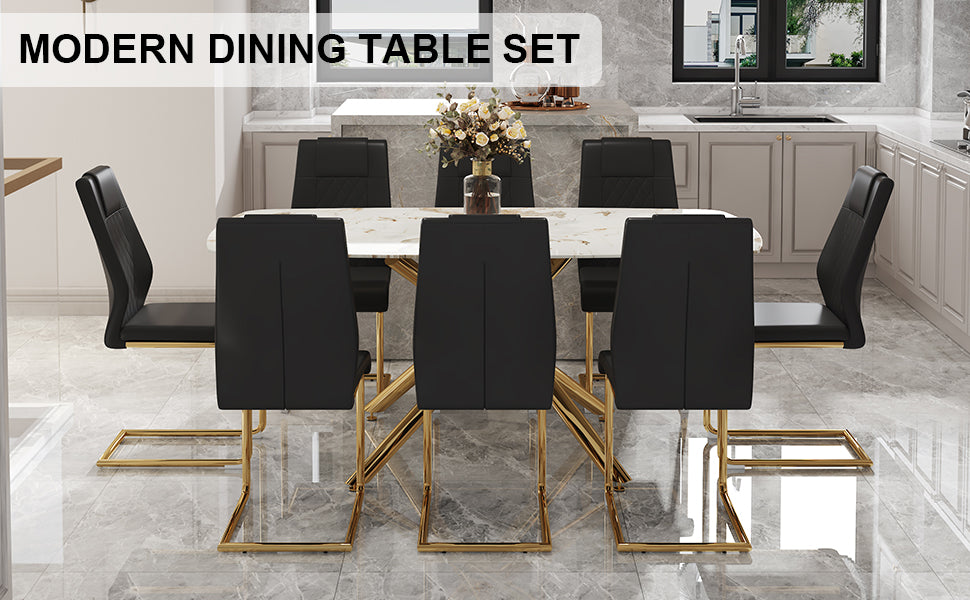 Table And Chair Set.Modern Luxurious Tempered Glass Dining Table Set With Gold Metal Legs And 8 Pu Chairs.White Marble Patterned Sticker Tabletop,Black Chairs With Gold Metal Legs. Black Gold Seats