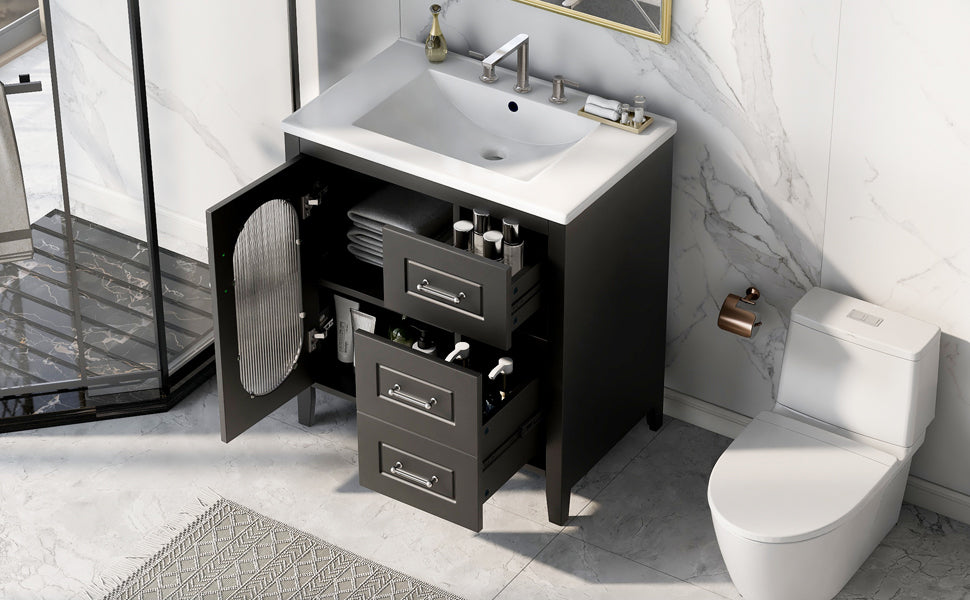 30" Bathroom Vanity With Sink, Bathroom Vanity Cabinet With Two Drawers And Door, Adjustable Shelf, Solid Wood And Mdf, Black Black Solid Wood Mdf