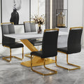 Table And Chair Set, The Table Is Equipped With A Marble Patterned Mdf Tabletop And Gold Table Legs.The Chair Is Equipped With Pu Synthetic Leather High Back Cushion And Gold Coated Metal Legs. Gold Black Seats 4 Mdf Metal