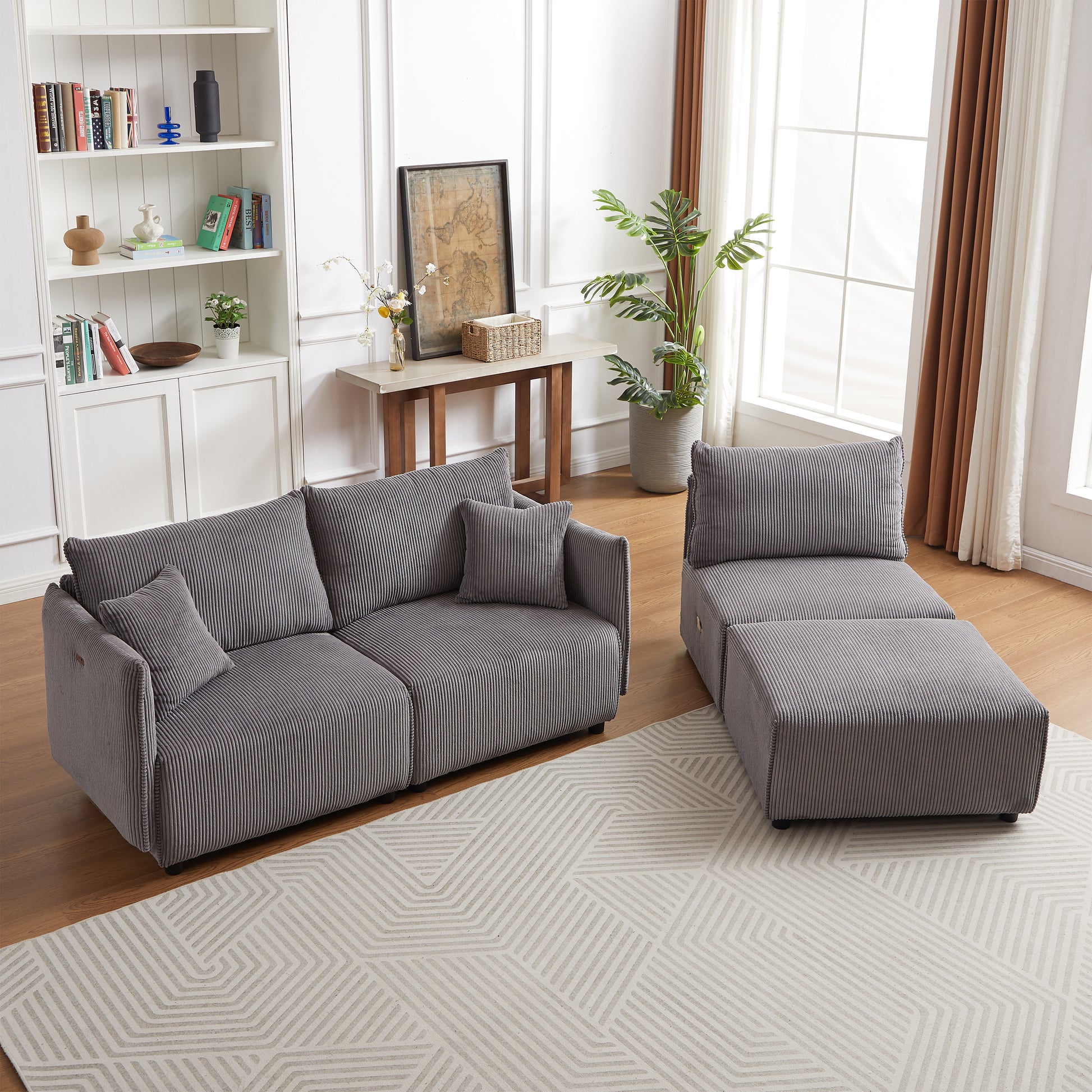 106" Multi Module Combination Style Sofa For Living Room, Bedroom And Other Lounge Spaces, Modern Minimalist Corduroy Combination Sofa With 2 Comfort Cushions With Usb & C Charging Ports Gray Gray Foam Fabric 4 Seat