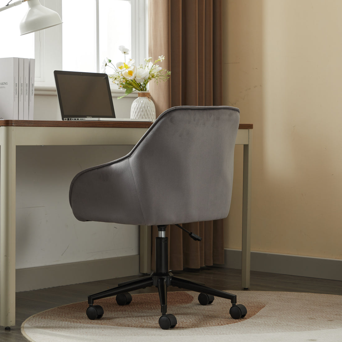 Velvet Home Office Chair, Modern Home Desk Chair With Wheelsvanity Chairs For Living Room, Bedroom,Study Room,Computer Chair Grey Fiber Foam And Polyester Fiber Pad Iron