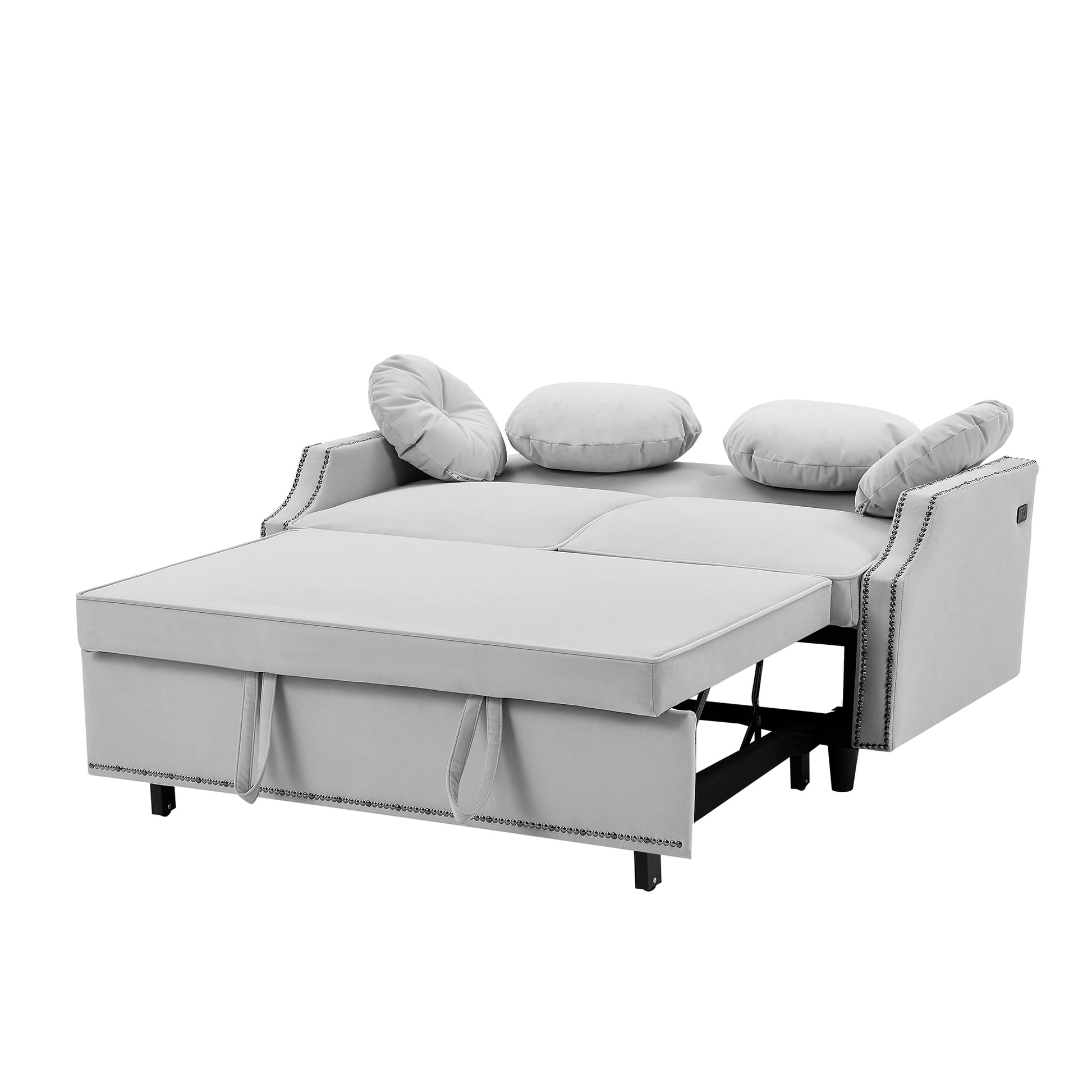 54.7" Multiple Adjustable Positions Sofa Bed Stylish Sofa Bed With A Button Tufted Backrest, Two Usb Ports And Four Floral Lumbar Pillows For Living Room, Bedroom,Or Small Space, Light Grey Light Grey Foam Polyester 2 Seat