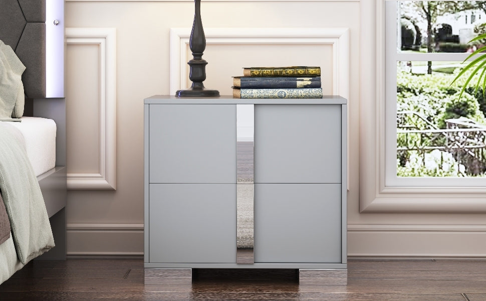 Elegant Nightstand With Metal Handle,Mirrored Bedside Table With 2 Drawers For Bedroom,Living Room,Grey Grey 2 Drawers Mdf Metal