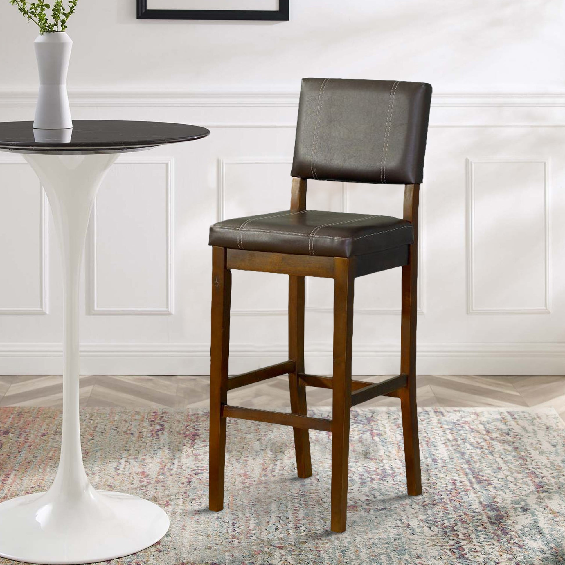 Wooden Bar Stool Withupholstered Seat And Back, Brown Brown Wood