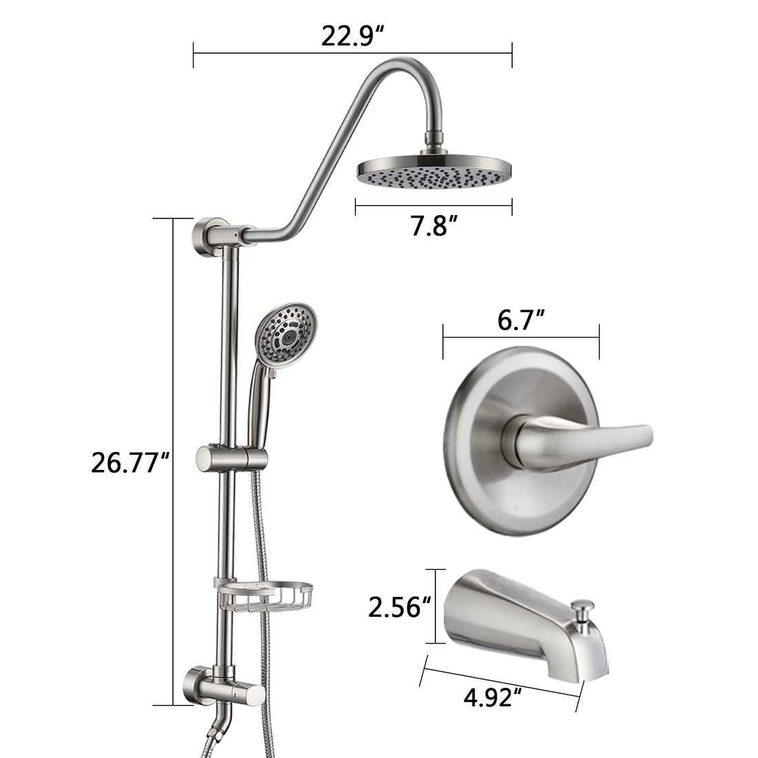 Brushed Nickel 7.8" Rain Shower And Handheld Shower System With Slide Bar And Tub Spout, 2 In 1 Tub Set Brushed Nickel Stainless Steel