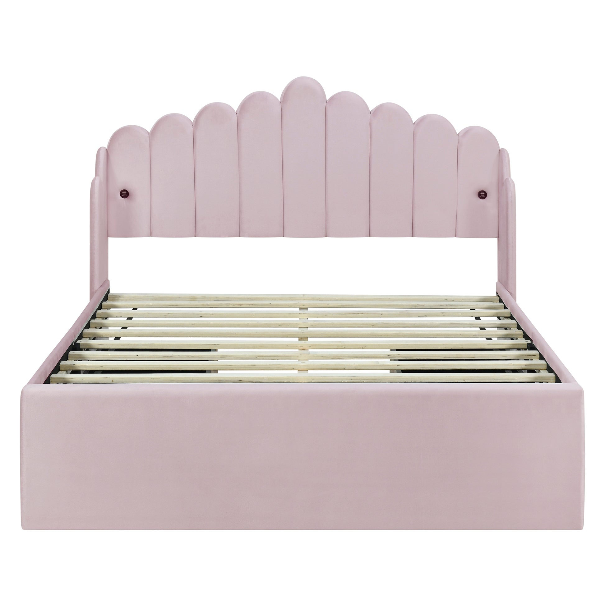 Full Size Upholstered Platform Bed With 4 Drawers And 2 Usb, Pink Box Spring Not Required Full Pink Wood Bedroom Bed Frame Polyester Upholstered