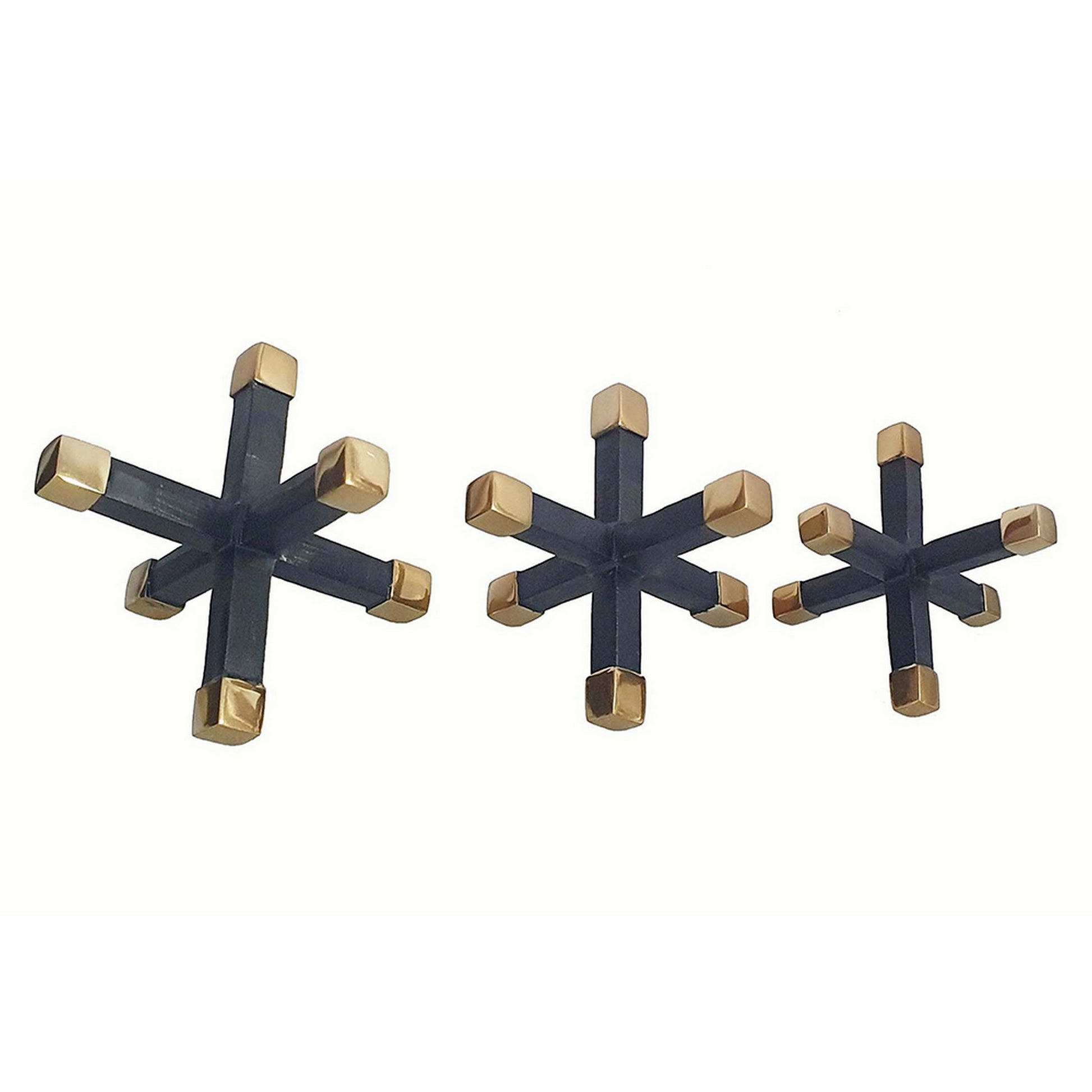 3 Piece Modern Accent Tabletop Decorations, X Shaped Jacks, Black, Gold Black Gold Aluminum